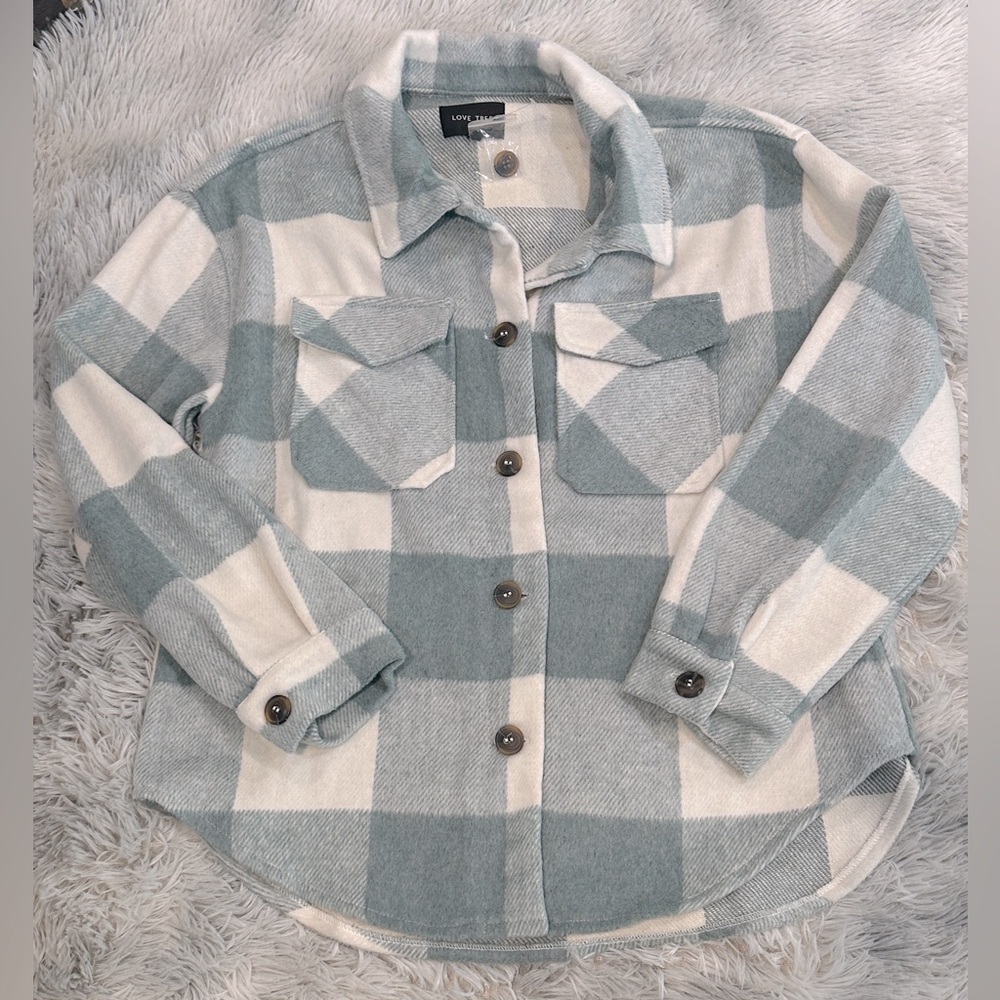 Love Tree Plaid Shirt in Green and Cream NWOT